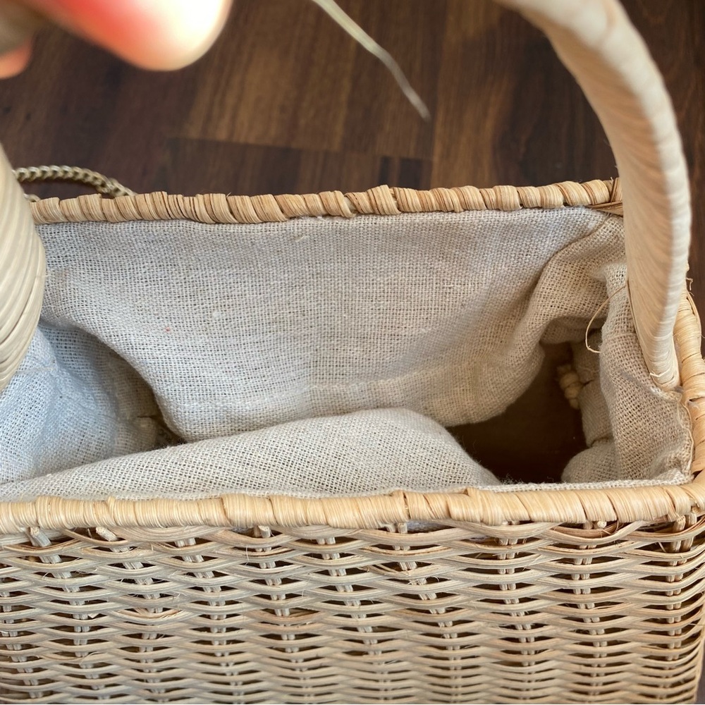 Zara Woven Raffia Straw Structured Handbag with Gold Chain Drawstring Linen - Picture 7 of 13